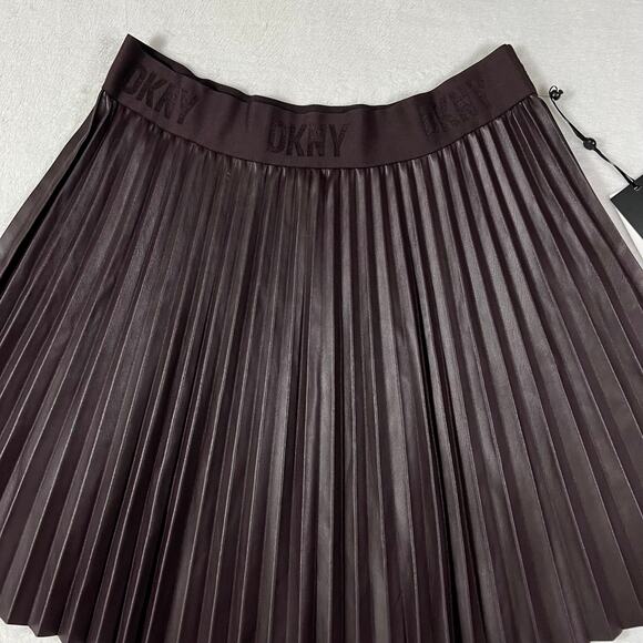 DKNY Women's Bordeaux brown faux leather pleated skirt NWT - Picture 2 of 13
